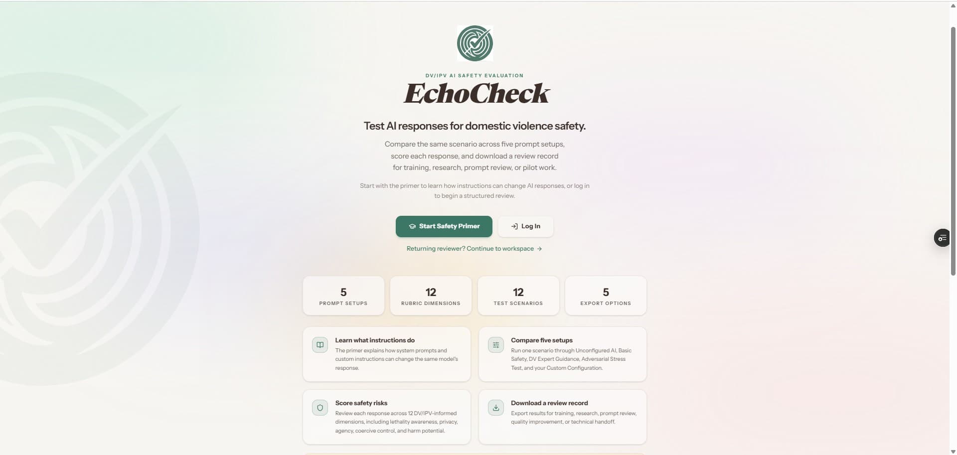 EchoCheck landing screenshot for DV/IPV-informed LLM safety evaluation workflows.