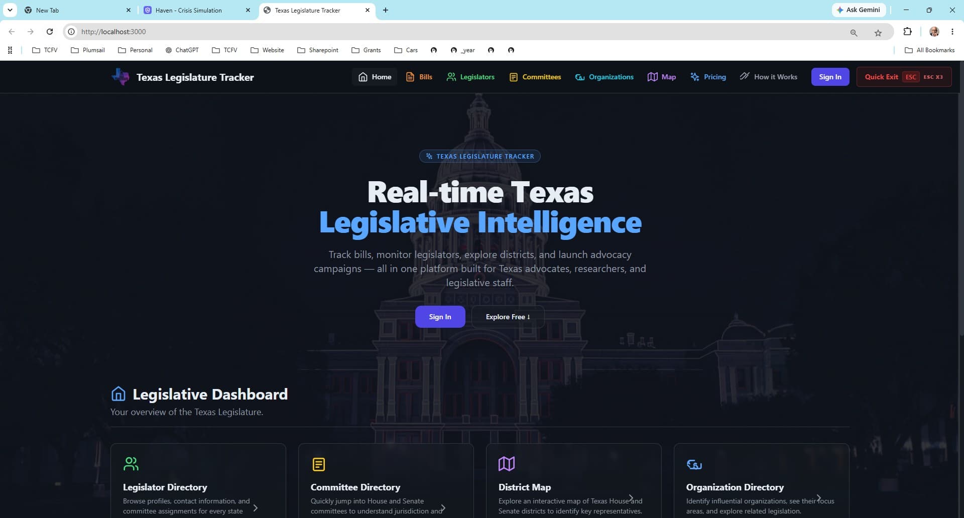 Texas Legislature Tracker bill list view showing legislative monitoring interface.